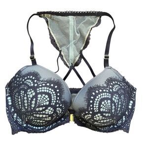 Victoria's Secret Dream Angels Push-Up Bra Navy Blue Lace Floral Racerback‎ 32D